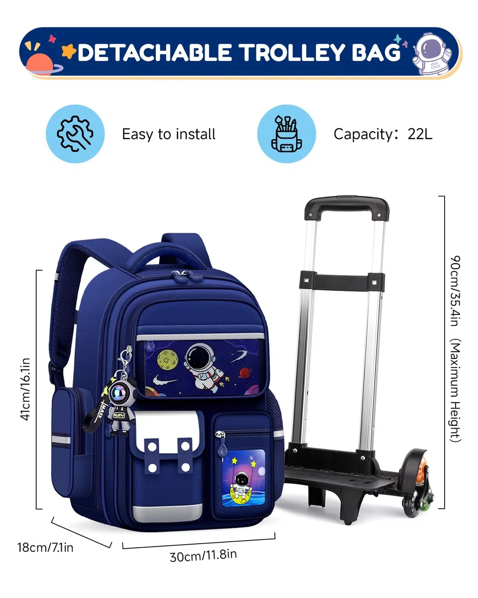 Amythe Zaino Trolley per Ragazzi 6-10 Anni, Zaino Bambino Scuola Elementare 20L con Carrello Rimovibile 6 Ruote, 20L Zaini Elementari con Rotelle per Bambini, Blu