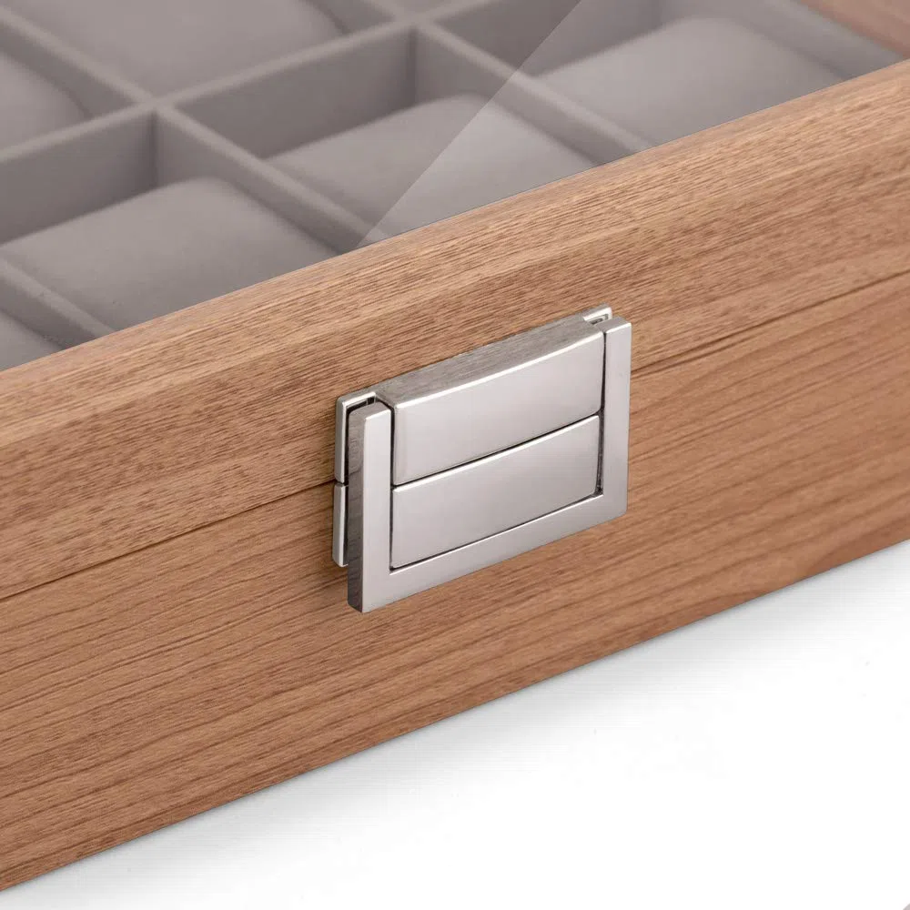 Maverton Cofanetto Porta Orologi con 12 scomparti - Custodia orologi in legno - Coperchio in vetro - Fodera in velluto grigio - incisione personalizzata - regalo uomo - Vita