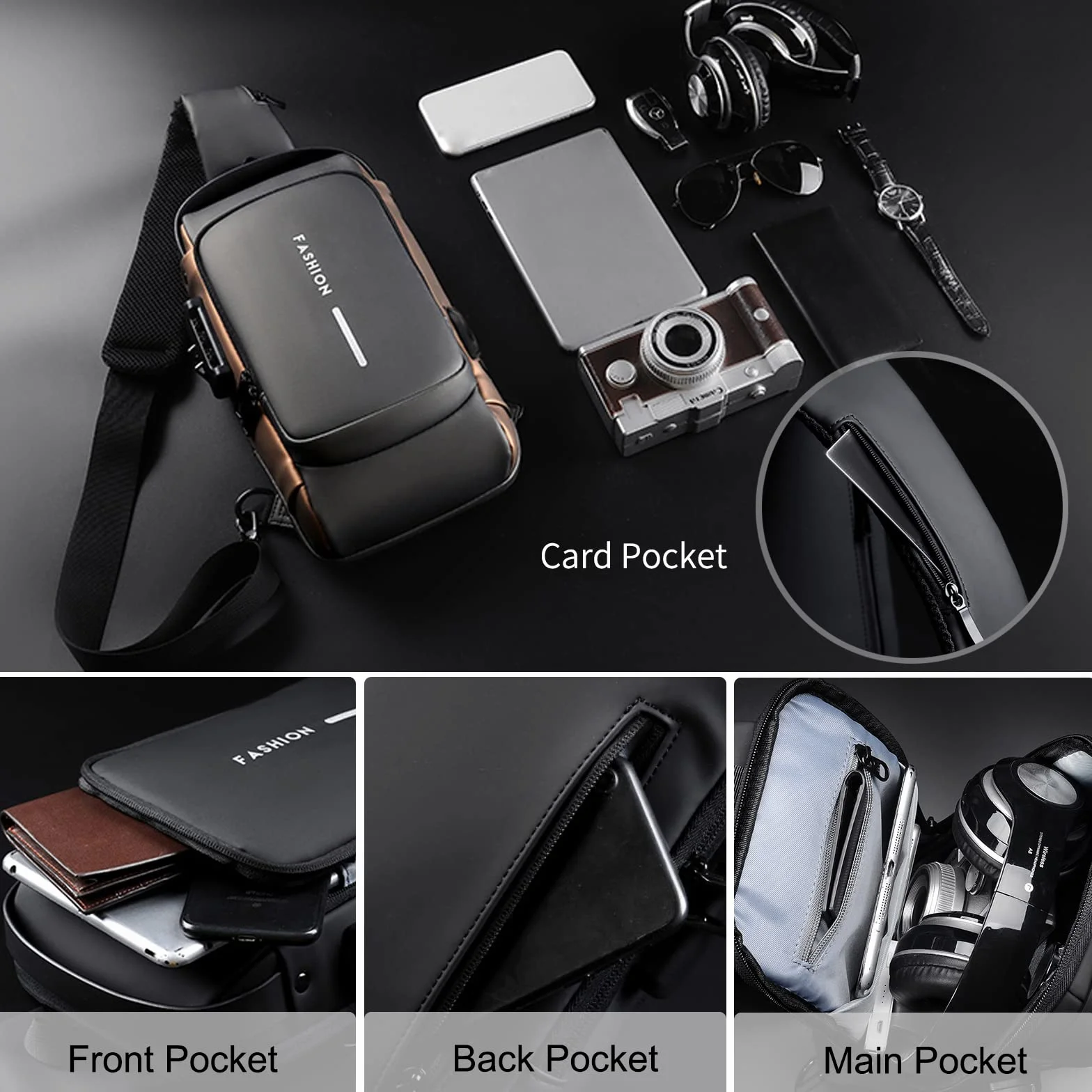FANDARE Antifurto Zaino Monospalla Uomo Borse piccole a tracolla con USB Business Borsa a Spalla Impermeabile PU per Scuola Outdoor Ciclismo Viaggio Hiking Multitasche Piccolo Zaino