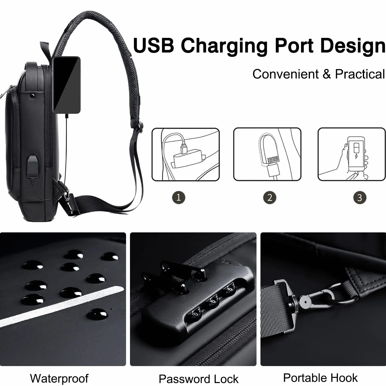 FANDARE Antifurto Zaino Monospalla Uomo Borse piccole a tracolla con USB Business Borsa a Spalla Impermeabile PU per Scuola Outdoor Ciclismo Viaggio Hiking Multitasche Piccolo Zaino