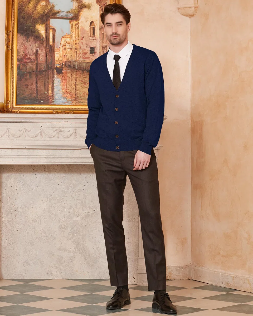 Kallspin Maglione da Uomo Cardigan con Scollo a V in Lana