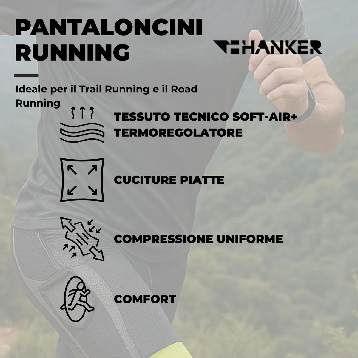 HANKER Maglia corta a compressione da uomo con tessuto termoregulatore, ampie tasche e cuciture piatte. Ideale corsa e trail running