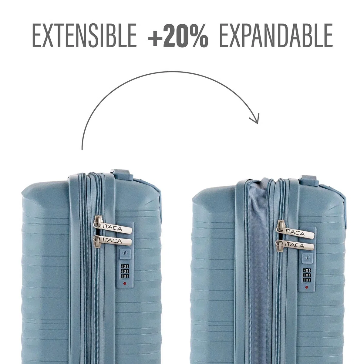 ITACA - Trolley Bagaglio A Mano 55x40x20 leggero rigido con ruote girevoli ideale per viaggi in cabina Valigia Bagaglio A Mano compatibile Ryanair. Lucchetto a Combinazione. Estensibile, Cowboy blu