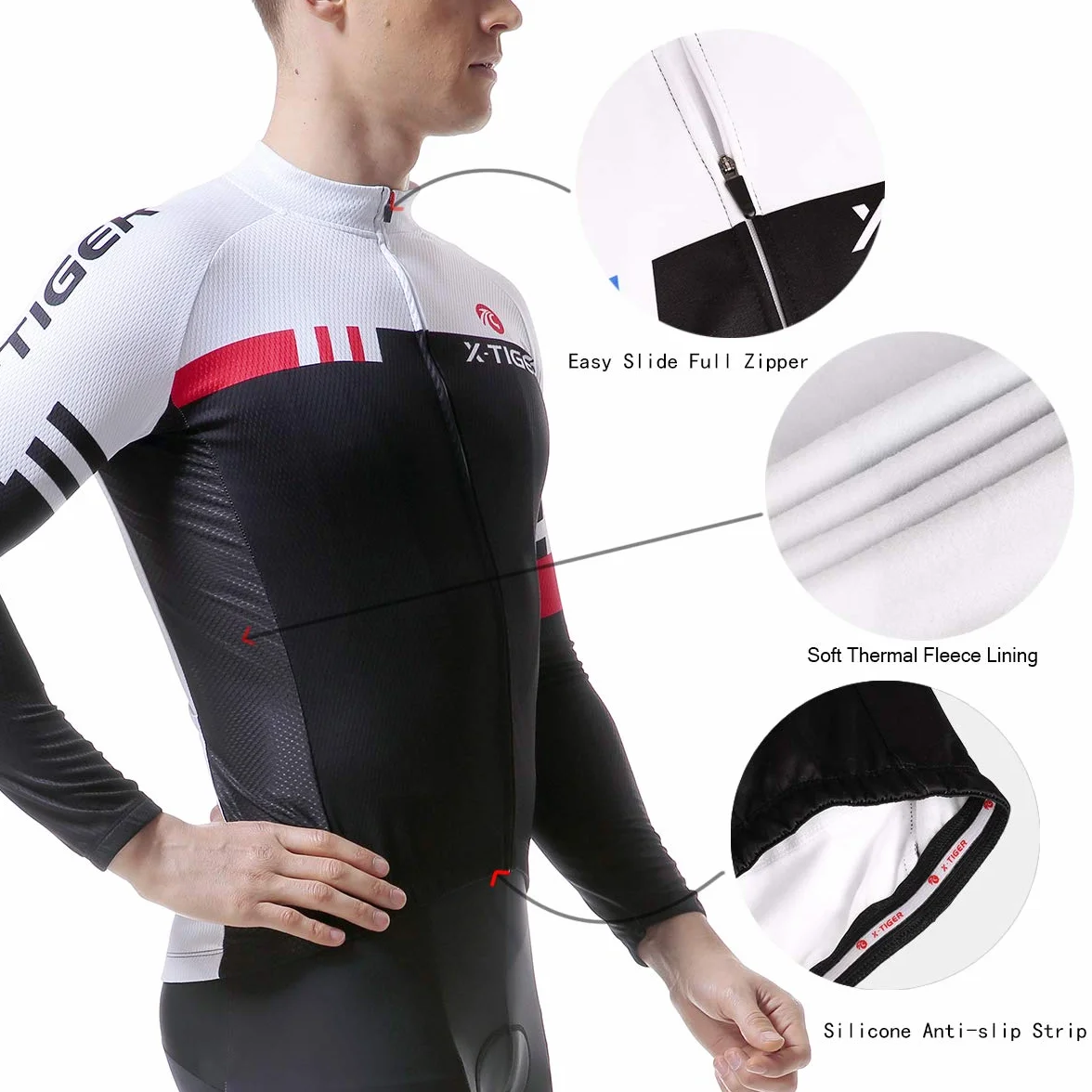 X-TIGER Ciclismo Inverno Termico Vello Completo Giacca Maglia Maniche Lunghe Maglietta Manica da Uomo 5D Gel Pantaloni Lunghi con Pettorina Set di Abbigliamento Ciclista