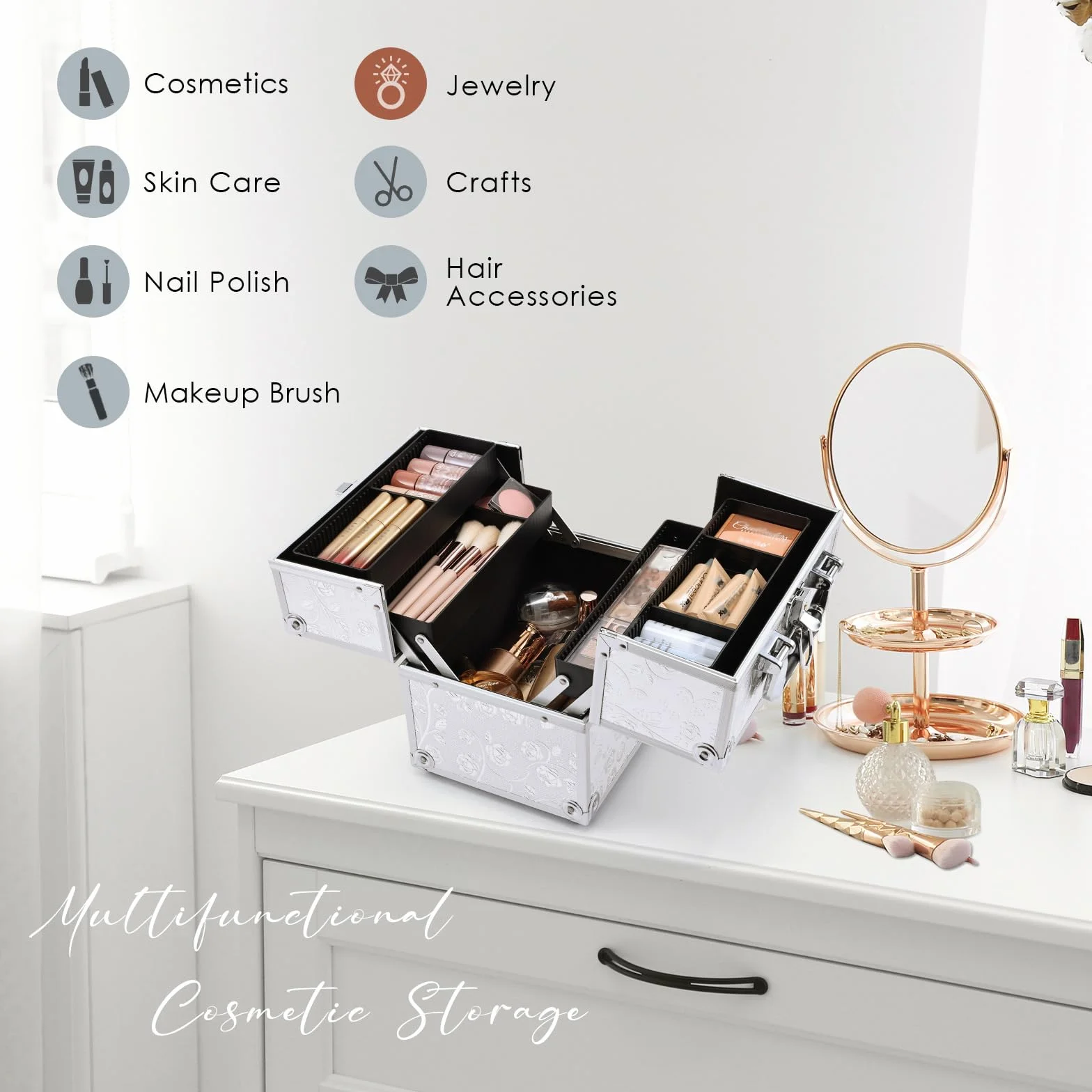 Valigetta Trucchi Valigetta Per Cosmetici Valigia Trucchi y 4 Vassoi Makeup Case Valigetta Unghie Beauty Case Cofanetto Organizzatore Trucco da Viaggio Professionale, Rosa d'argento