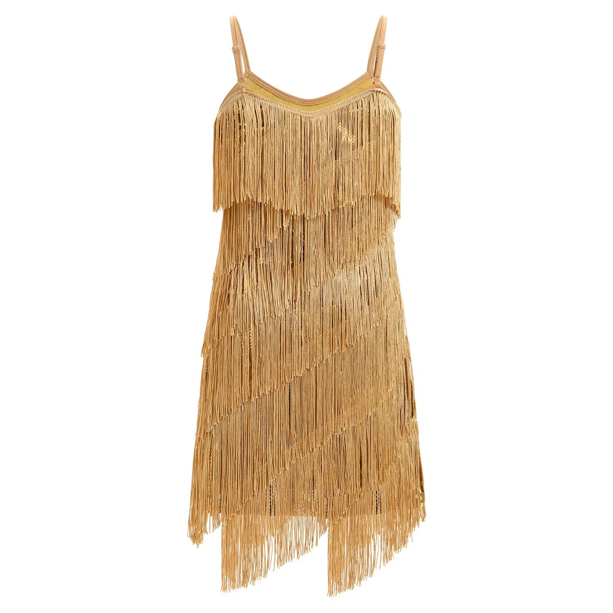 OMEWEE Vestito da bambina con paillettes nappa, abito latino, senza maniche, con spalline sottili, frange, con brillantini, ballroom, feste, balletto, rumba samba cha cha, jazz