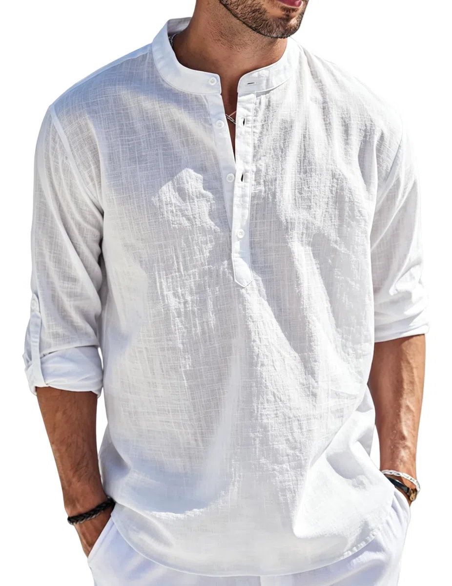 Camicia Lino Uomo Maniche Lunghe Estiva Leggera Traspirante Henley Casual