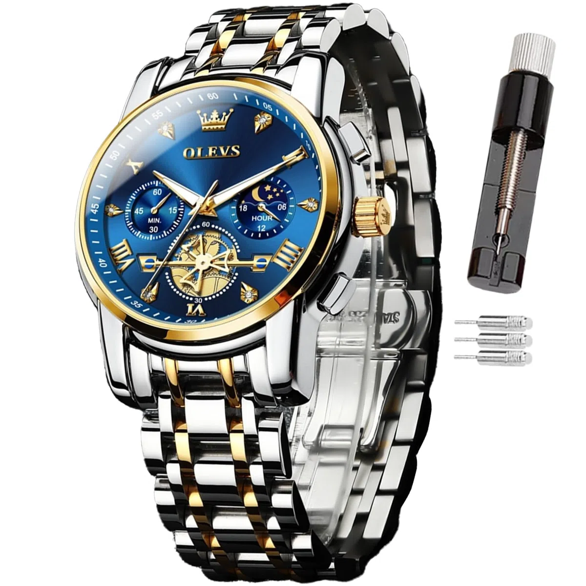 OLEVS Orologio da uomo con codice temporale, cinturino in acciaio inossidabile, impermeabile, multi funzionale, orologio da lavoro, al quarzo, rotondo, lussuoso, per uomo