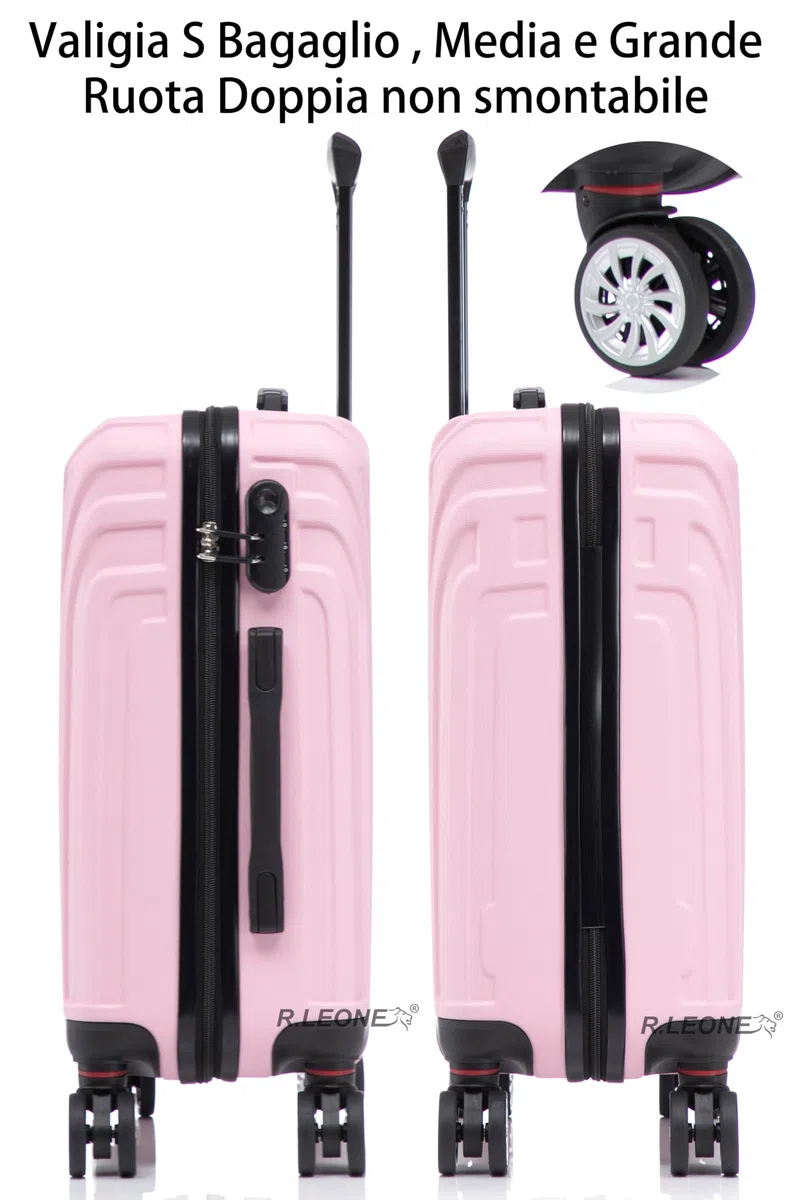 R.Leone Valigia da 1 Fino a Set 4 Trolley Rigido grande, medio, bagaglio a mano 55x40x23 cm Wizz, ITA Airways e bagaglio 45x36x20 cm EasyJet in ABS 9001 (Rosa Pastello, M Valigia Medio)
