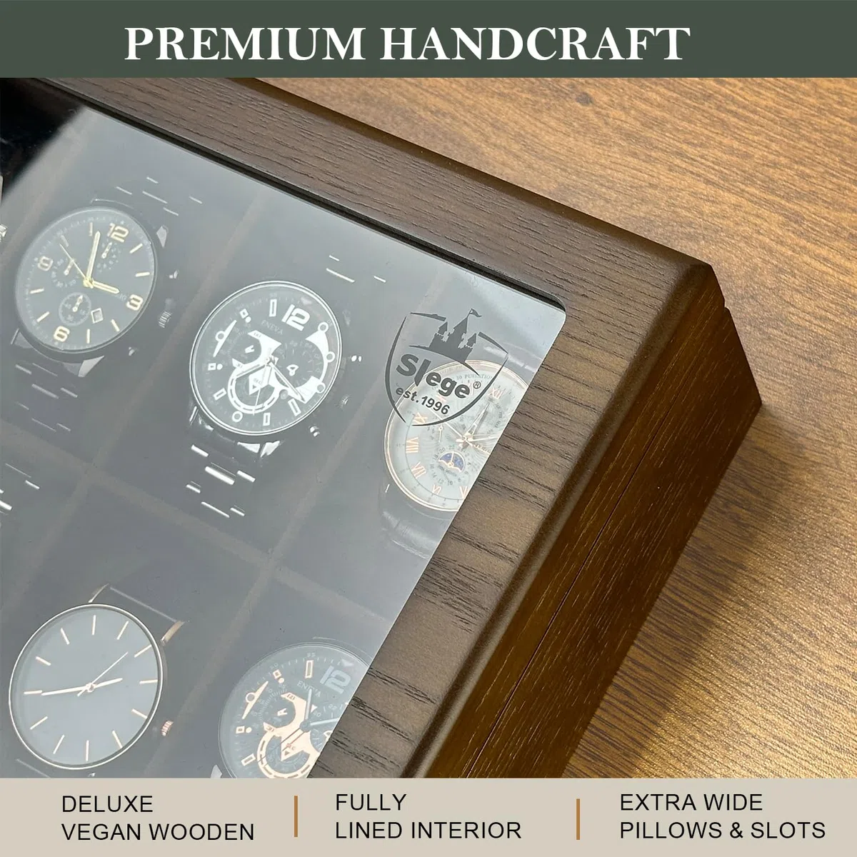 Slege porta orologi in Legno a 12 Posti,Scatola per orologi in Legno,Elegante Porta orologi uomo,Vetrina in Vetro Porta orologi per 12 orologi,Watch box per uomo Regalo (Marrone)
