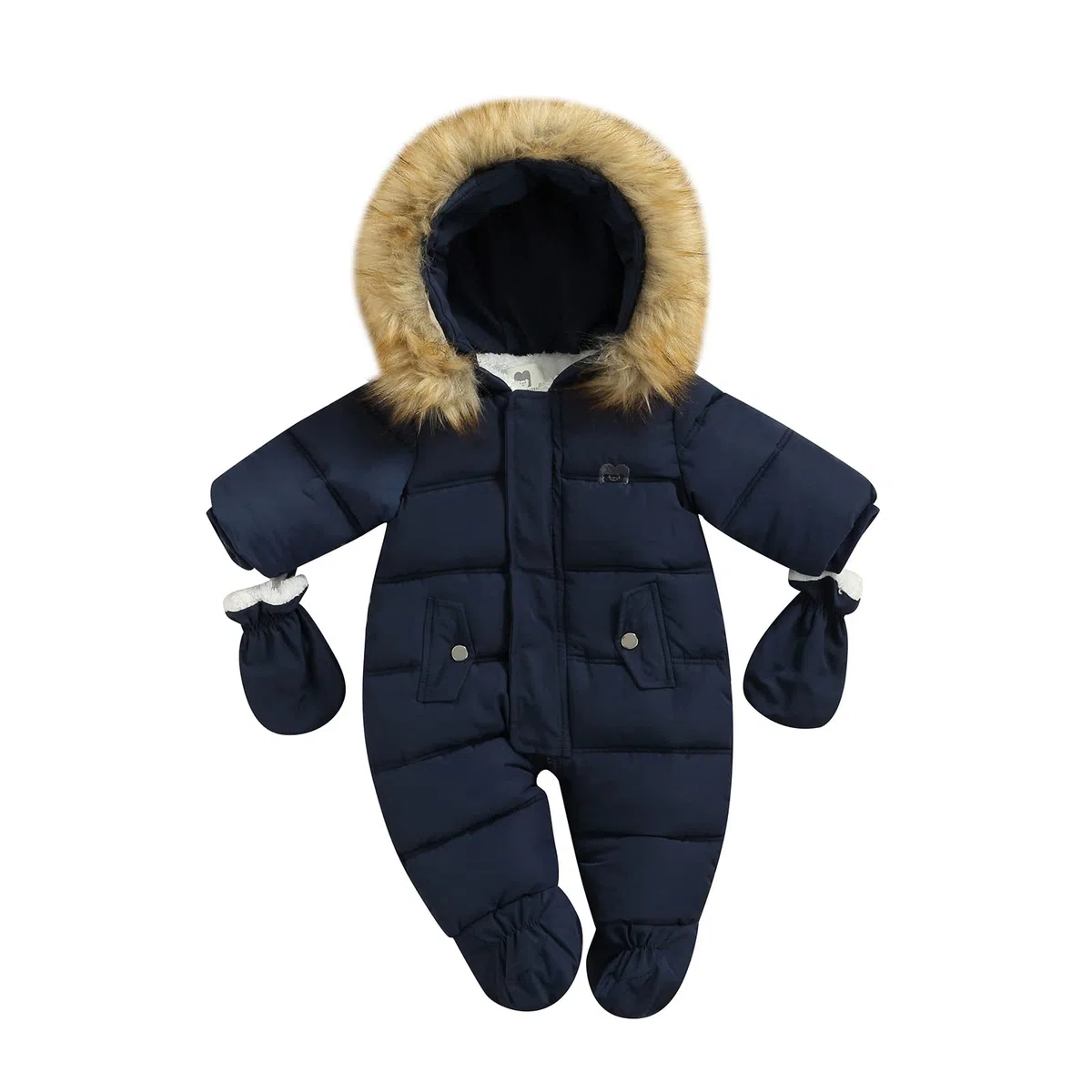 Tute da Bambino con Cerniera in Piumino con Guanti, Tuta da Pagliaccetto Invernale con Cappuccio e Peluche a Tinta Unita con Tasche