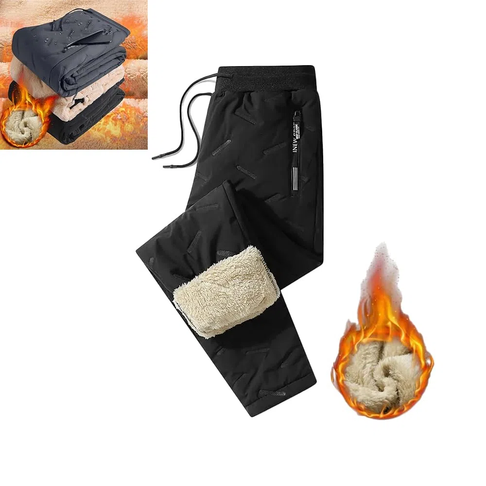 Pantaloni impermeabili foderati in pile da uomo e da donna,pantaloni termici invernali in lana d'agnello pantaloni casual pantaloni impermeabili antivento in cotone caldo (Black-a,4X-Large)