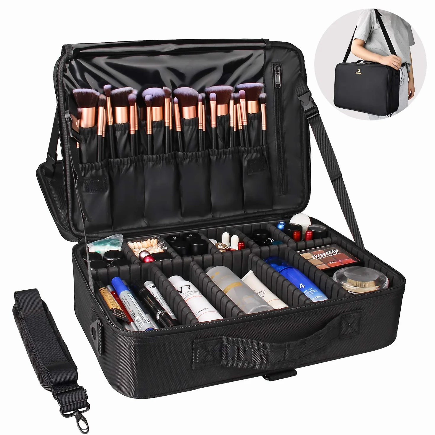 Relavel Borsa cosmetica grande borsa per il trucco da viaggio borsa per il trucco professionale borsa organizer per unghie portatile scatola organizer per trucchi artista (nero-L), nero-L,