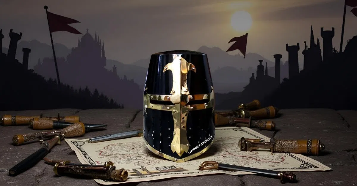 Nautical Replica Hub - Casco Medievale da Cavaliere Templare di Halloween, Finitura Nera in Acciaio Calibro 18 con Accenti in Ottone, Taglia Standard per Adulti