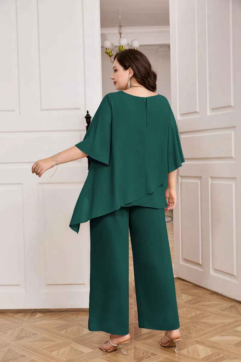 Hanna Nikole Plus Size Madre della Sposa Pantaloni Abiti 2 Pezzi Chiffon Set Increspature Strati di Matrimonio Guest Outfit