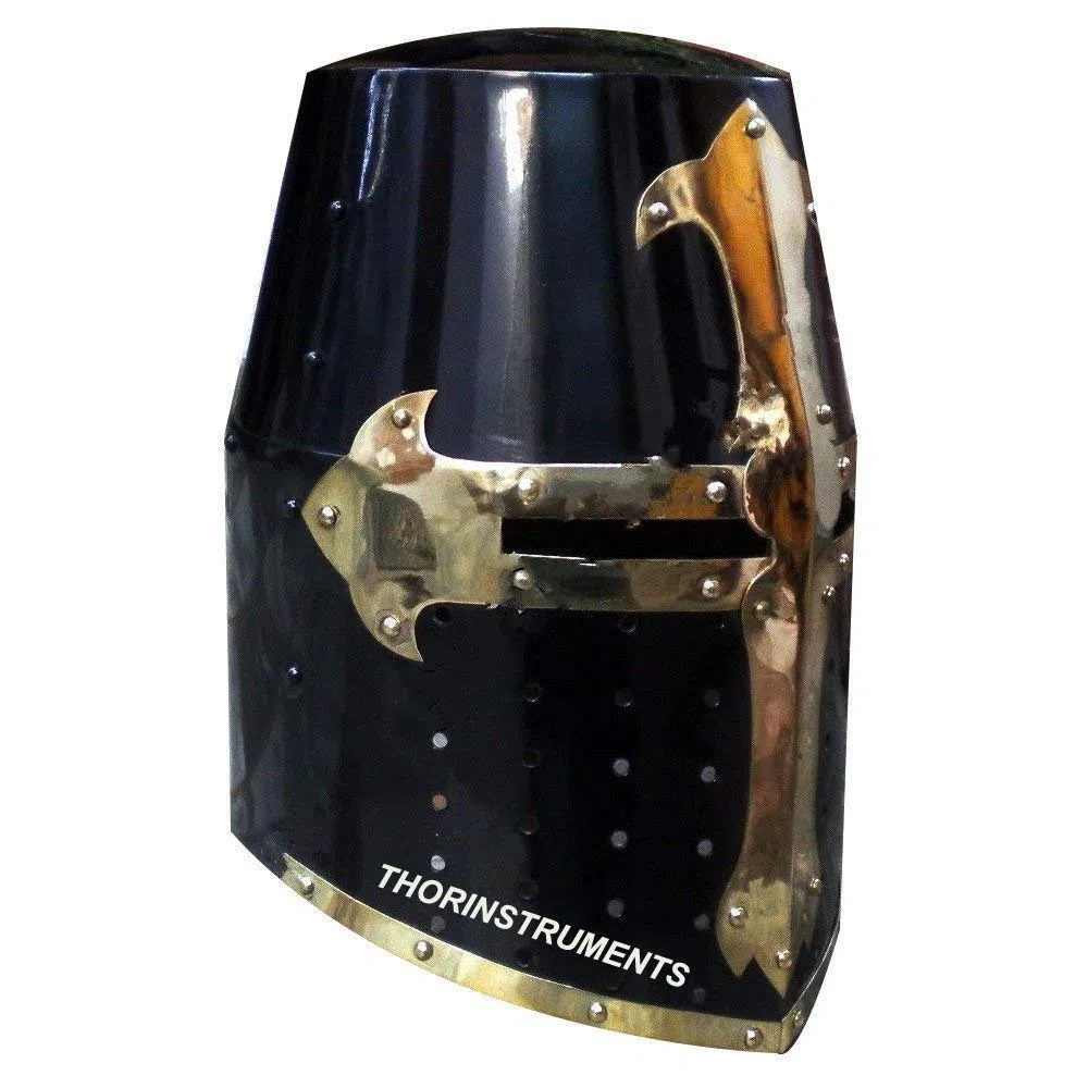 Nautical Replica Hub - Casco Medievale da Cavaliere Templare di Halloween, Finitura Nera in Acciaio Calibro 18 con Accenti in Ottone, Taglia Standard per Adulti