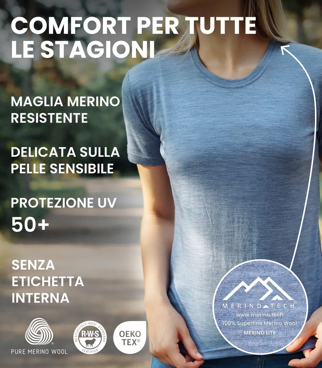 Merino.tech Maglietta Merinos Donna - 100% Maglia Termica Manica Corta in Lana Merinos con Calzini (Medium, Dark Purple Crewneck)