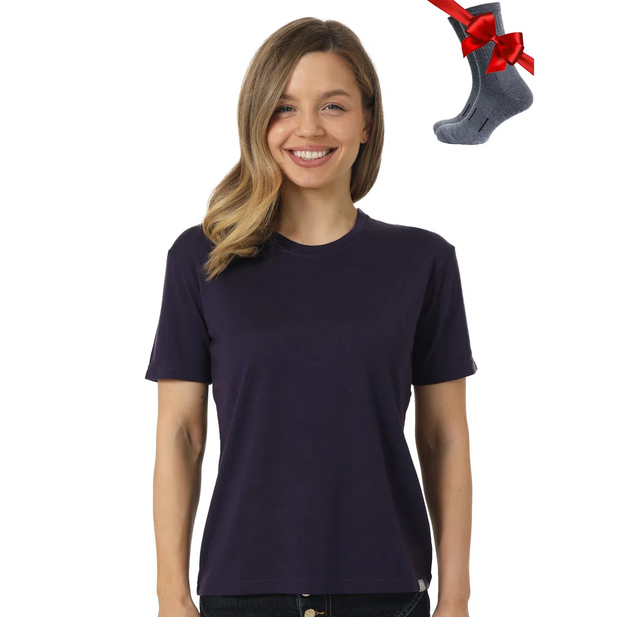 Merino.tech Maglietta Merinos Donna - 100% Maglia Termica Manica Corta in Lana Merinos con Calzini (Medium, Dark Purple Crewneck)