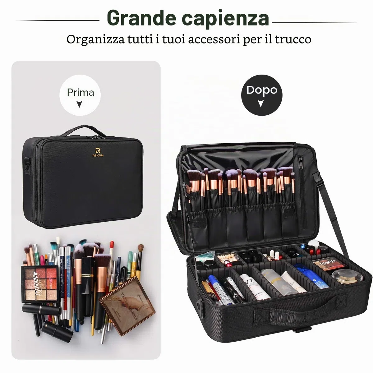 Relavel Borsa cosmetica grande borsa per il trucco da viaggio borsa per il trucco professionale borsa organizer per unghie portatile scatola organizer per trucchi artista (nero-L), nero-L,
