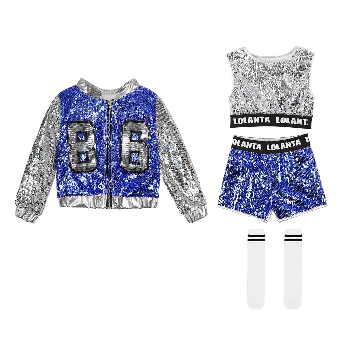 LOLANTA 4 Pezzi di Ragazze con Paillettes Costume da Ballo per Bambini Hip-Hop Stree Abiti da Ballo Set Calze attaccare, 4-15 anni