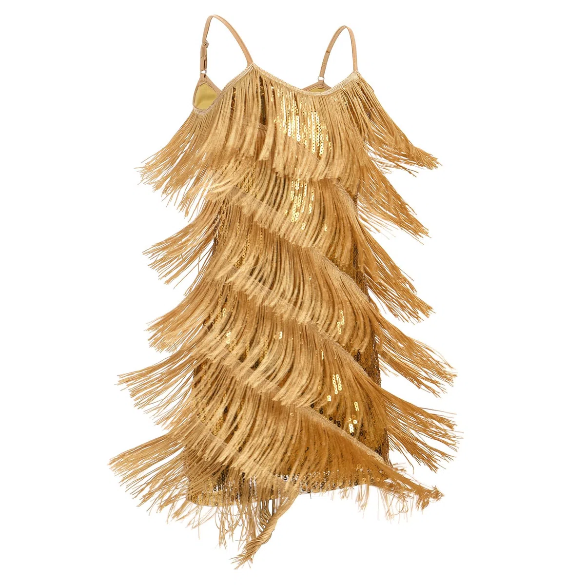 OMEWEE Vestito da bambina con paillettes nappa, abito latino, senza maniche, con spalline sottili, frange, con brillantini, ballroom, feste, balletto, rumba samba cha cha, jazz