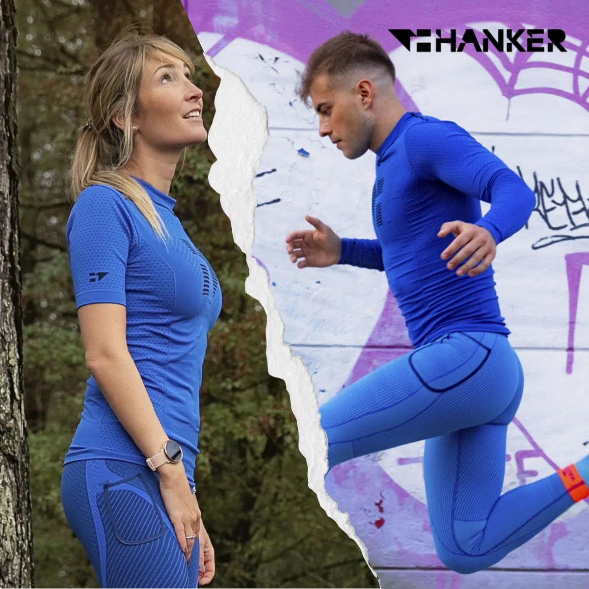 HANKER Maglia corta a compressione da uomo con tessuto termoregulatore, ampie tasche e cuciture piatte. Ideale corsa e trail running