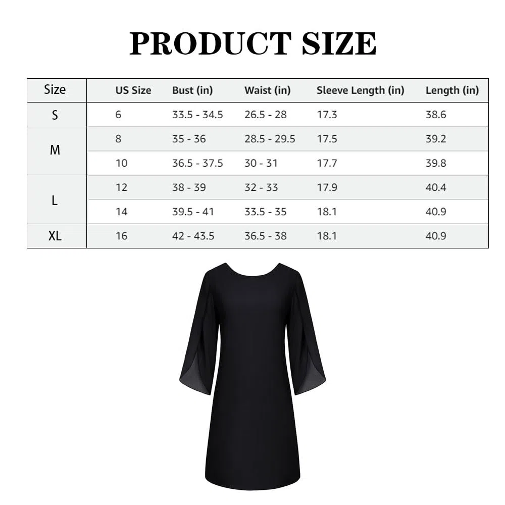 Vestito Donna Chiffon Elegante a Manica 3/4 Scollo Rotondo Elegante Casual Abiti per Cocktail Party(Nero/XL)