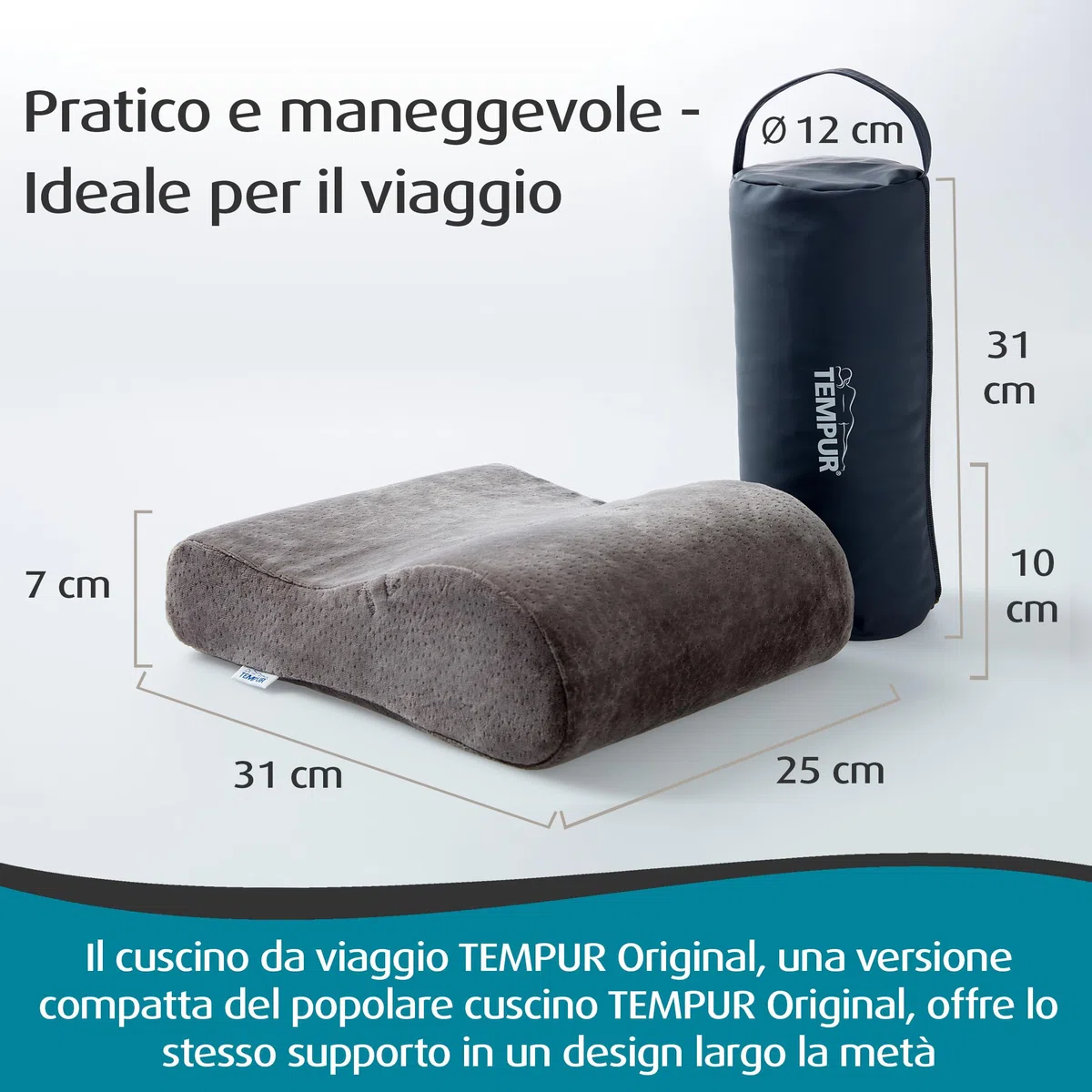 TEMPUR cuscino adattabile per viaggiare, cuscino da viaggio ergonomico per il collo con custodia per il trasporto, antracite, dimensioni 25 x 31 x 10/7 cm
