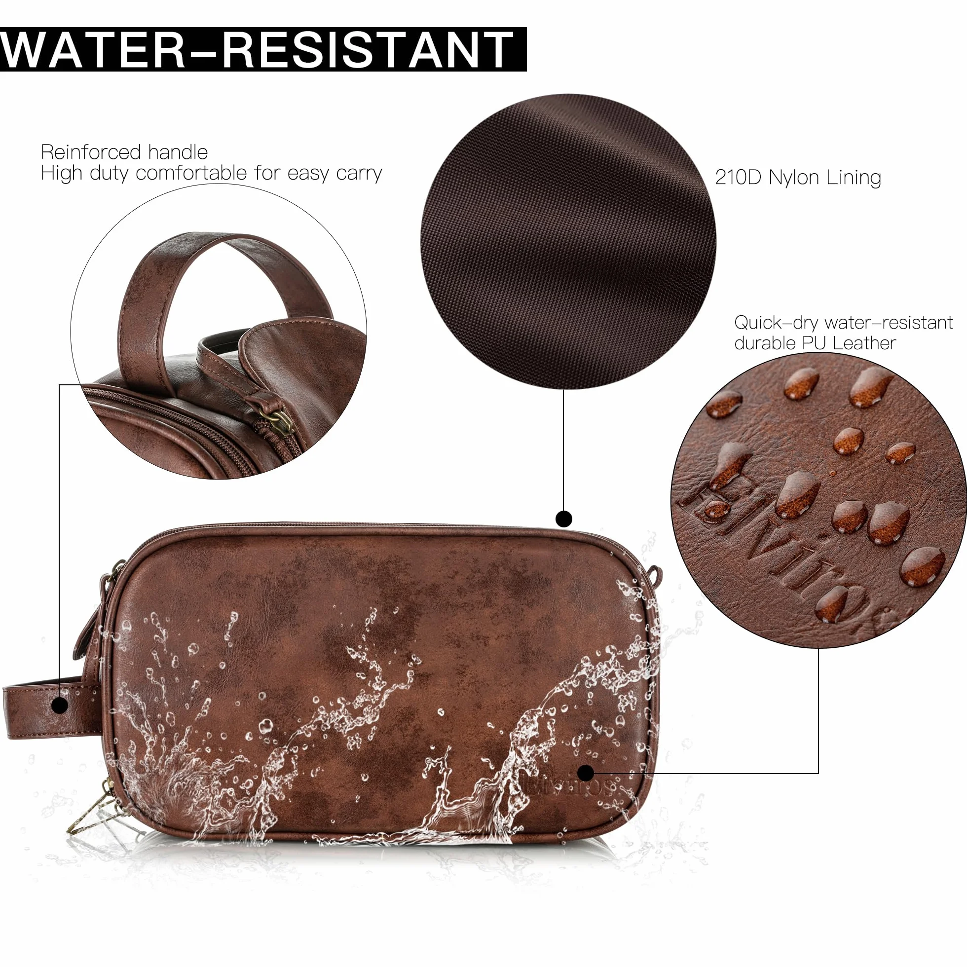 Elviros Borsa da Toilette Uomo Impermeabile in PU, Beauty Case Grande per Viaggio con Organizzatore, Borsa Igiene Personale per Palestra e Lavoro, Marrone scuro, 24 * 14 * 14cm