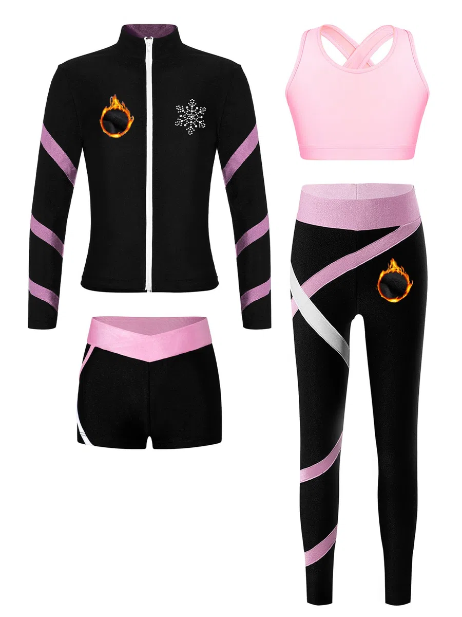 Tute da Pattinaggio in Pile Bambina Completo Invernale Termico Giacca + Reggiseno+ Pantaloni + Pantaloncini Abbigliamento da Pattinaggio su Ghiaccio Rosa 5-6 anni