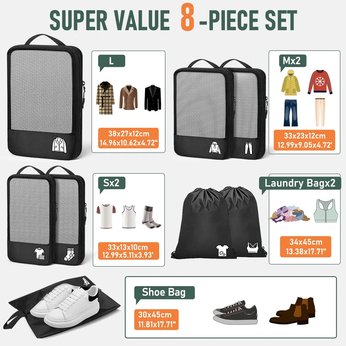 Organizer Valigia Compressione 8 Pezzi Packing Cubes Compression,Organizer Viaggio Salvaspazio Travel Accessori Nero