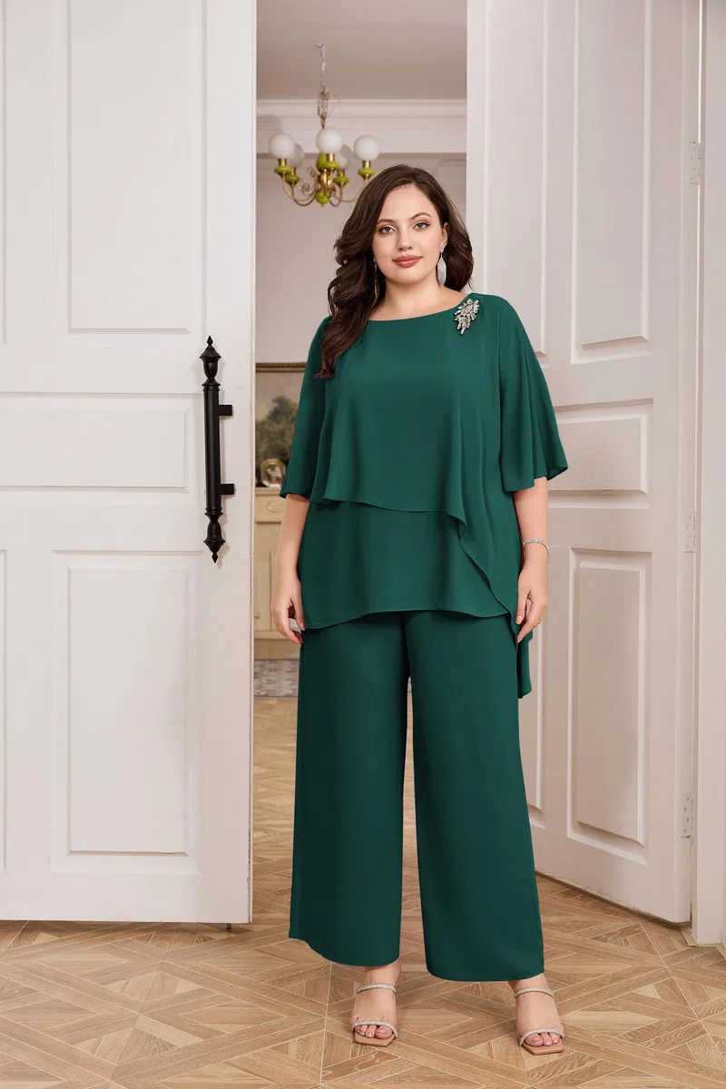 Hanna Nikole Plus Size Madre della Sposa Pantaloni Abiti 2 Pezzi Chiffon Set Increspature Strati di Matrimonio Guest Outfit