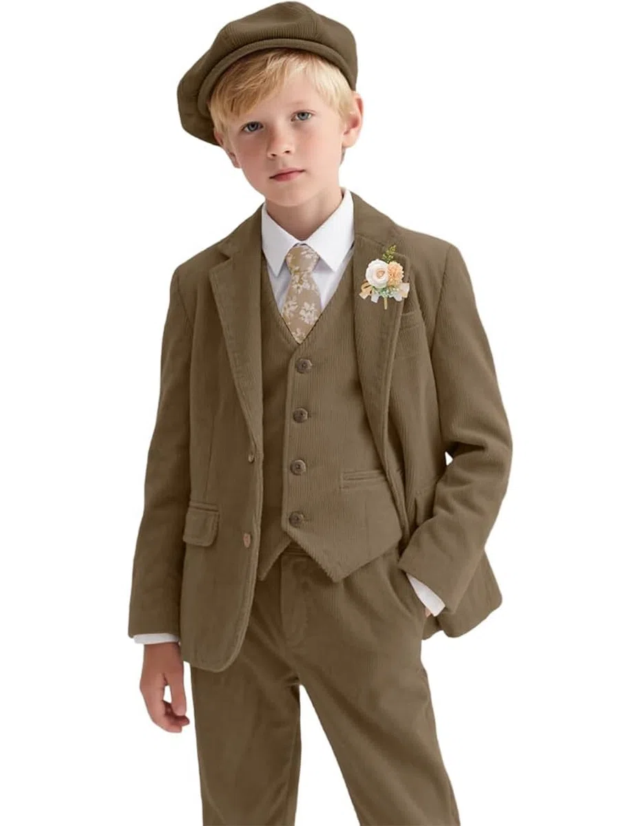 Completo da ragazzo in velluto a coste 3 pezzi Blazer giacca gilet pantaloni set matrimonio ballo smoking per ragazzo cappello non incluso