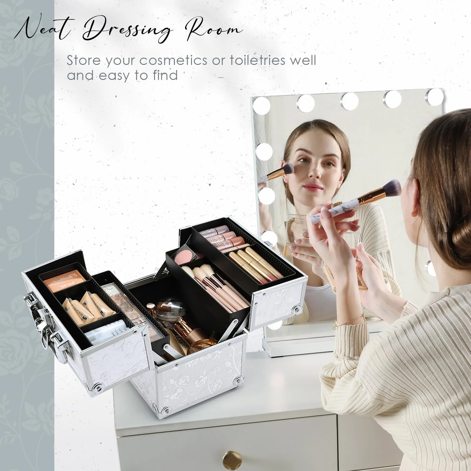 Valigetta Trucchi Valigetta Per Cosmetici Valigia Trucchi y 4 Vassoi Makeup Case Valigetta Unghie Beauty Case Cofanetto Organizzatore Trucco da Viaggio Professionale, Rosa d'argento
