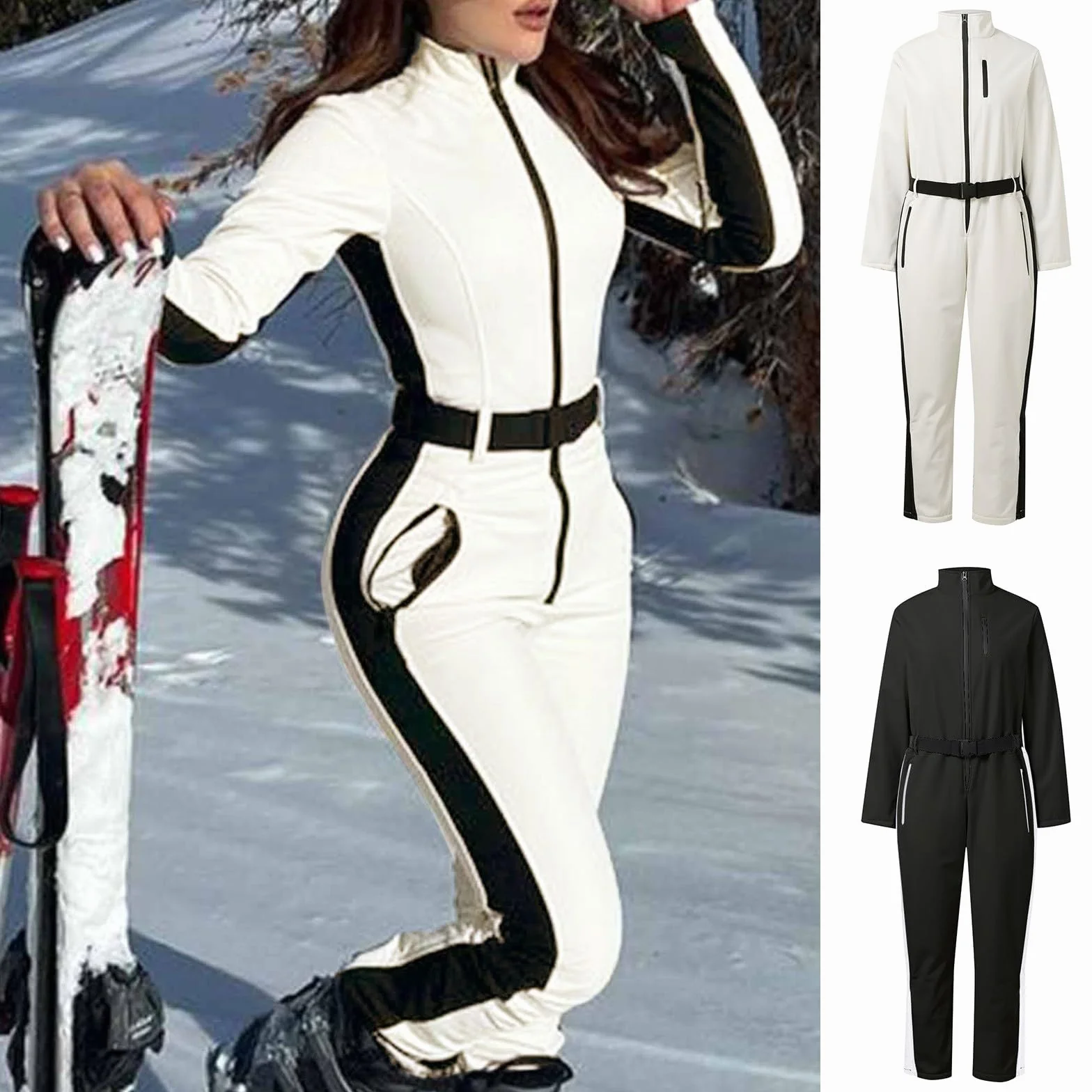 Generisch Tuta da sci da donna, termica, tuta intera da sci, calda, con cappuccio, impermeabile, tuta da neve, per sci, inverno, impermeabile, per abbigliamento da neve