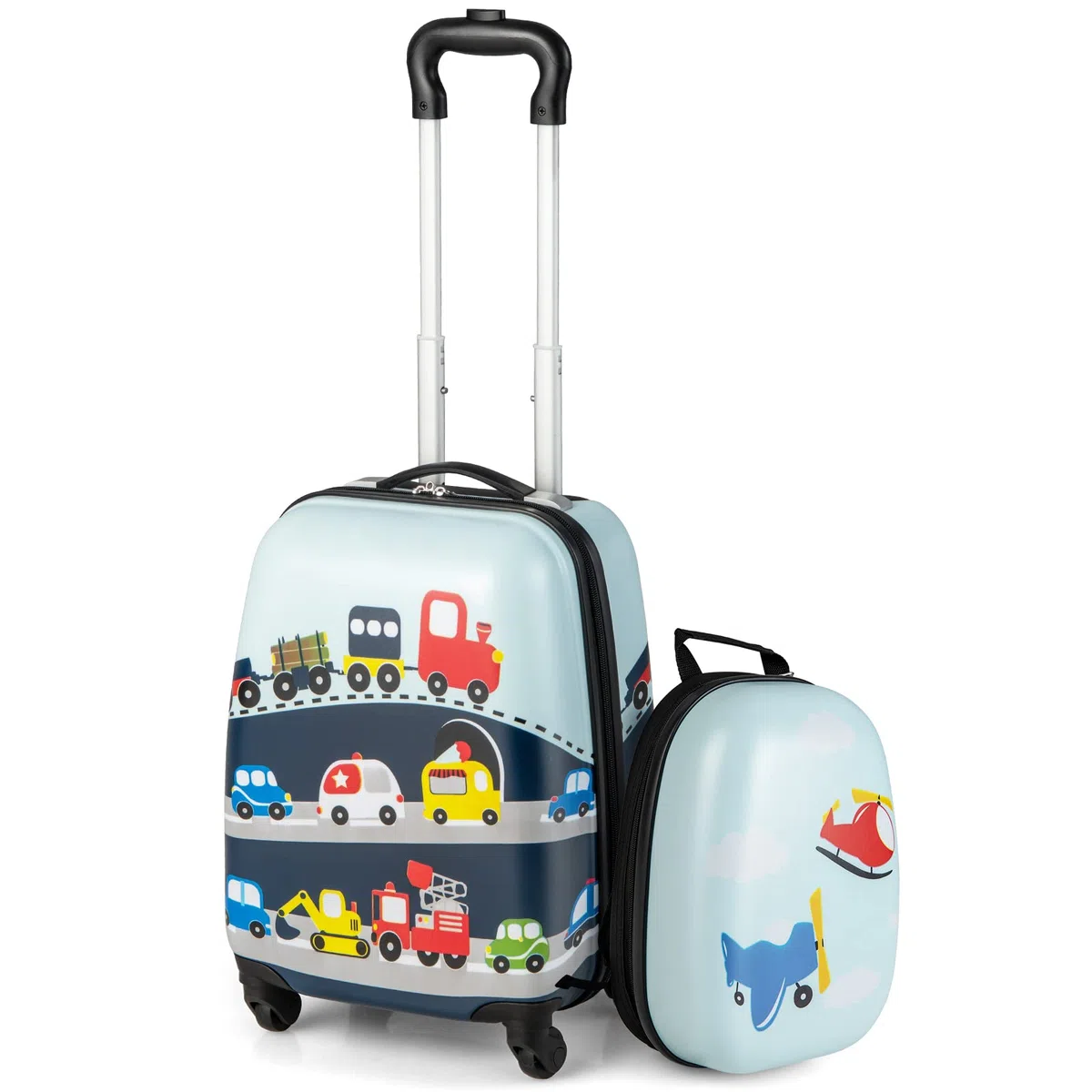 GYMAX Set di Valigia per Bambini, Trolley Bagaglio di 2 Pezzi a Mano Cavalcabile con Cinghia e Tracolla, Valigia Rigida con Ruote e Zaino, Regalo per Bambino e Bambina (12"+16", Aereo Auto)
