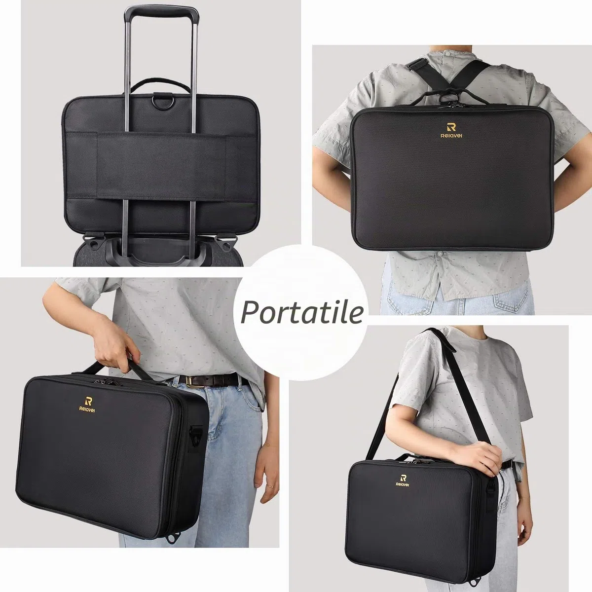 Relavel Borsa cosmetica grande borsa per il trucco da viaggio borsa per il trucco professionale borsa organizer per unghie portatile scatola organizer per trucchi artista (nero-L), nero-L,