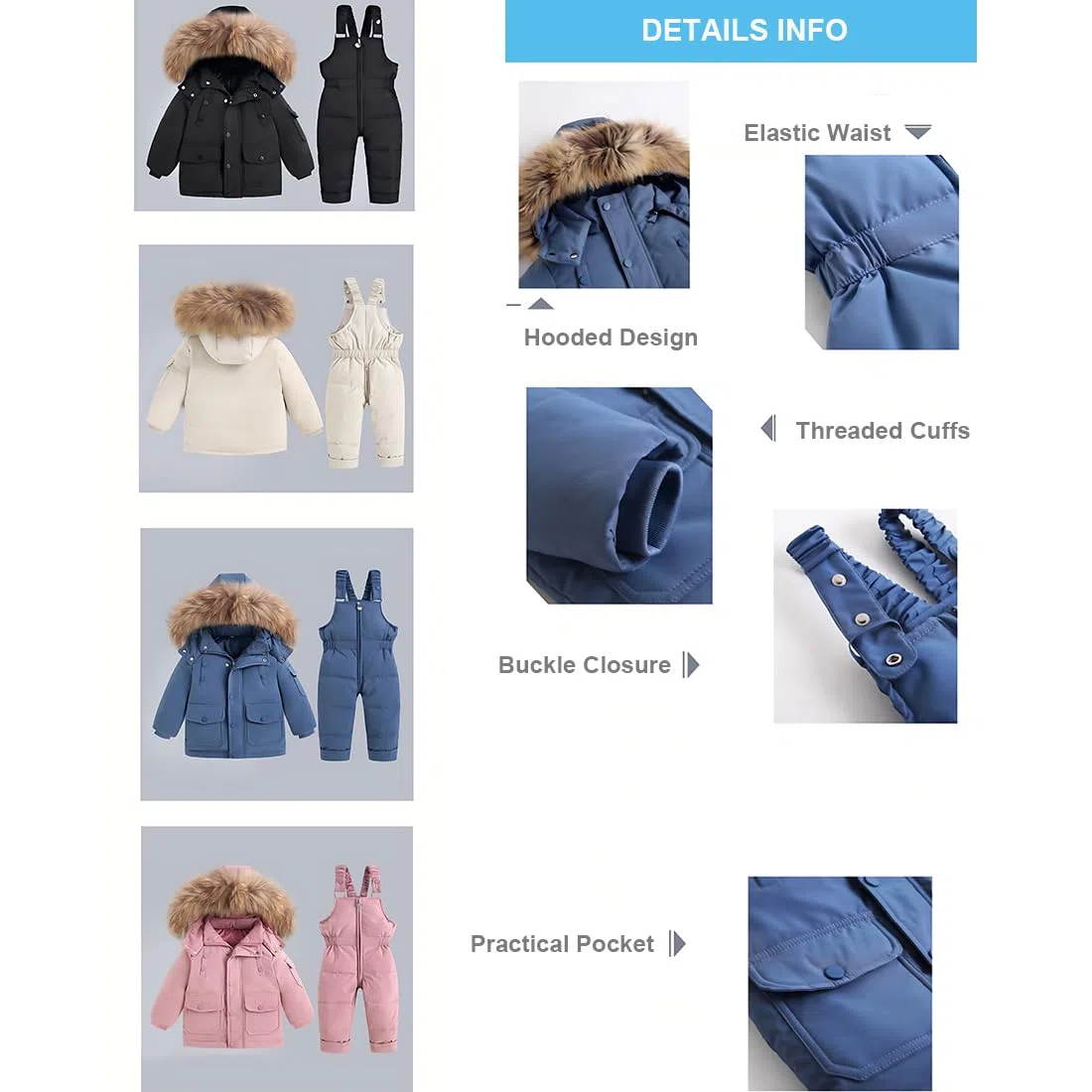 Bambino Tuta da Sci Piumino Pantaloni da Sci Bambini 2 Pezzi Set Tuta da Neve Invernale Completo Salopette da Sci Caldo Giacca Cappotto Snowsuit