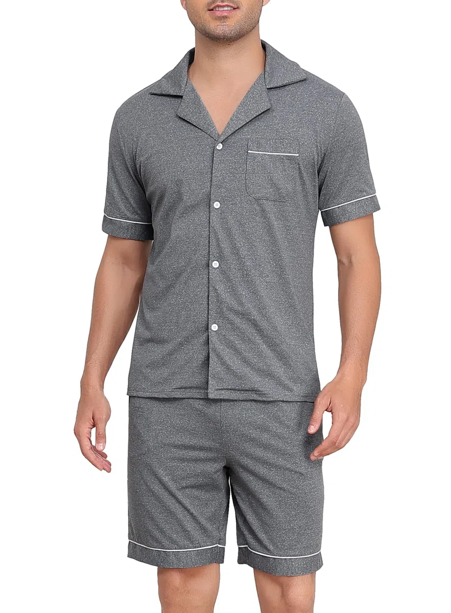 Sopesil Pigiama Uomo Estivo Corto Pigiami Due Pezzi Uomo Cotone con Bottoni Davanti e Maniche Corte Abbigliamento da Notte con Tasche Coulisse