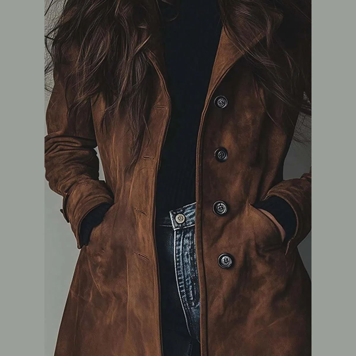 Giacca in pelle scamosciata per le donne Autunno Inverno Doppio Petto Classico Risvolto Slim Ladies Faux Suede Cappotto Trench Vintage Suede