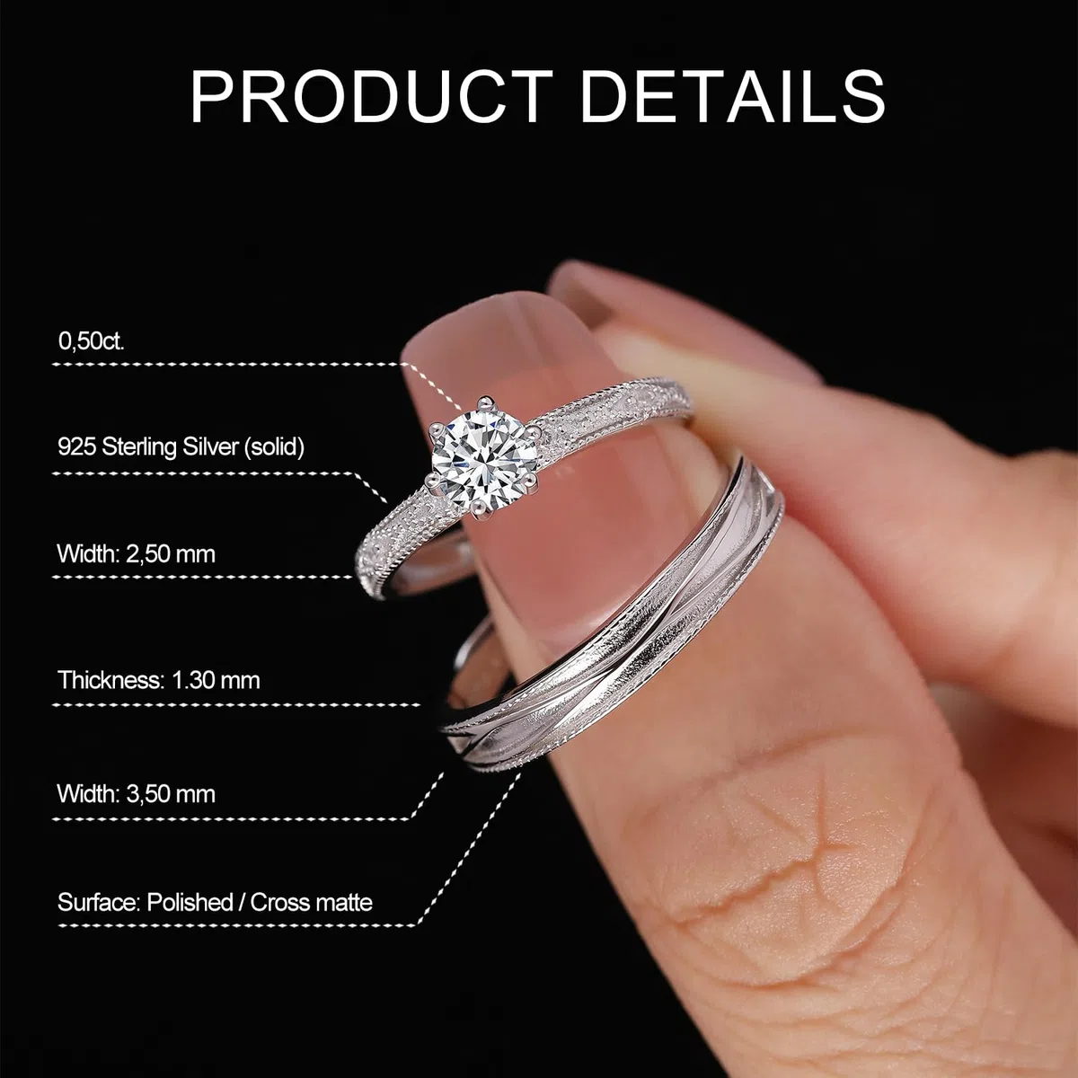 Meissa Anelli di Fidanzamento in Argento 925 Sterling con Zirconia Cubica, Fedi Nuziali Regolabili e Delicate, Set Promessa Sposa con Taglio Rotondo Brillante, Set di due anelli