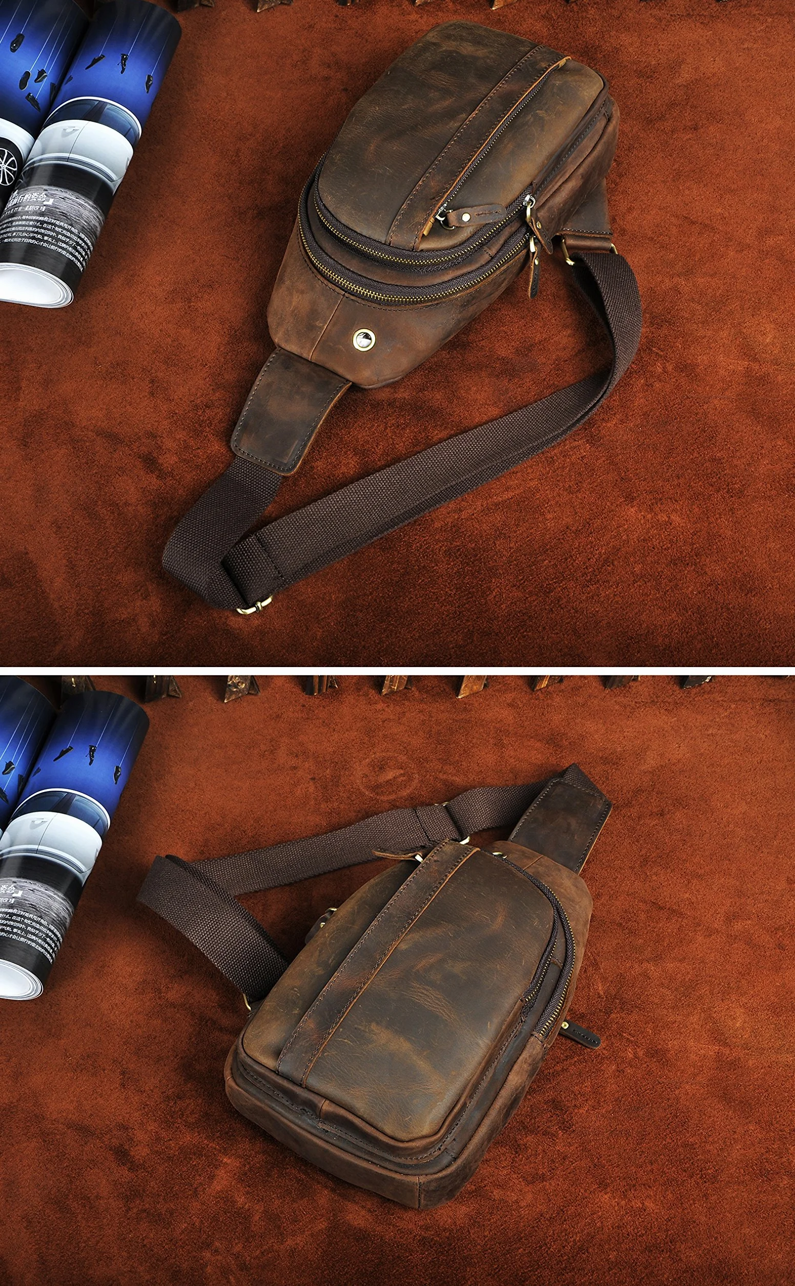Le'aokuu Men's Genuine Leather Hip Bag Borsa di pancia Borsa a tracolla Borsa di tracolla Borsa di petto per moto Jogging 010 (010 Marrone scuro)