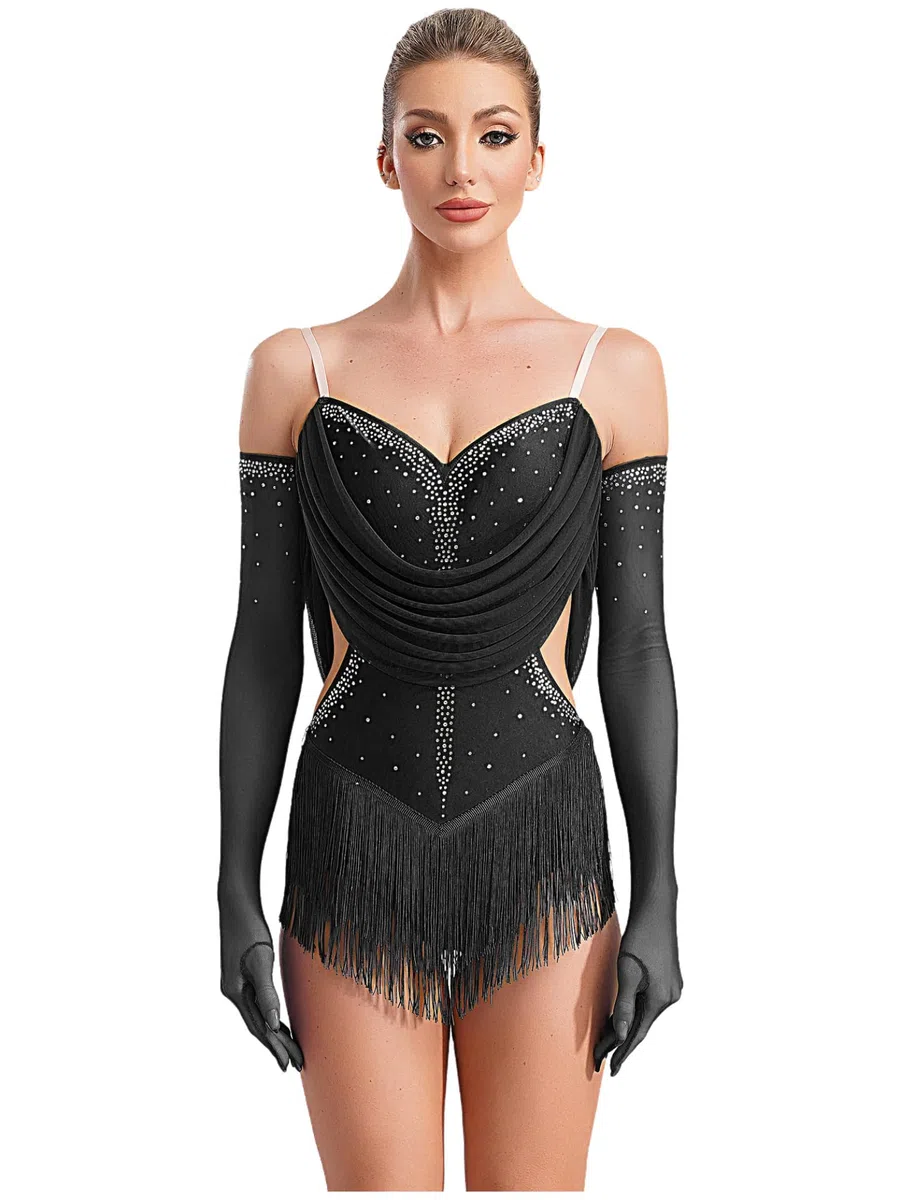 Body da Donna Pattinaggio Artistico Stringato Strass con Guanti Danza Latina Costume Ginnastica Leotard