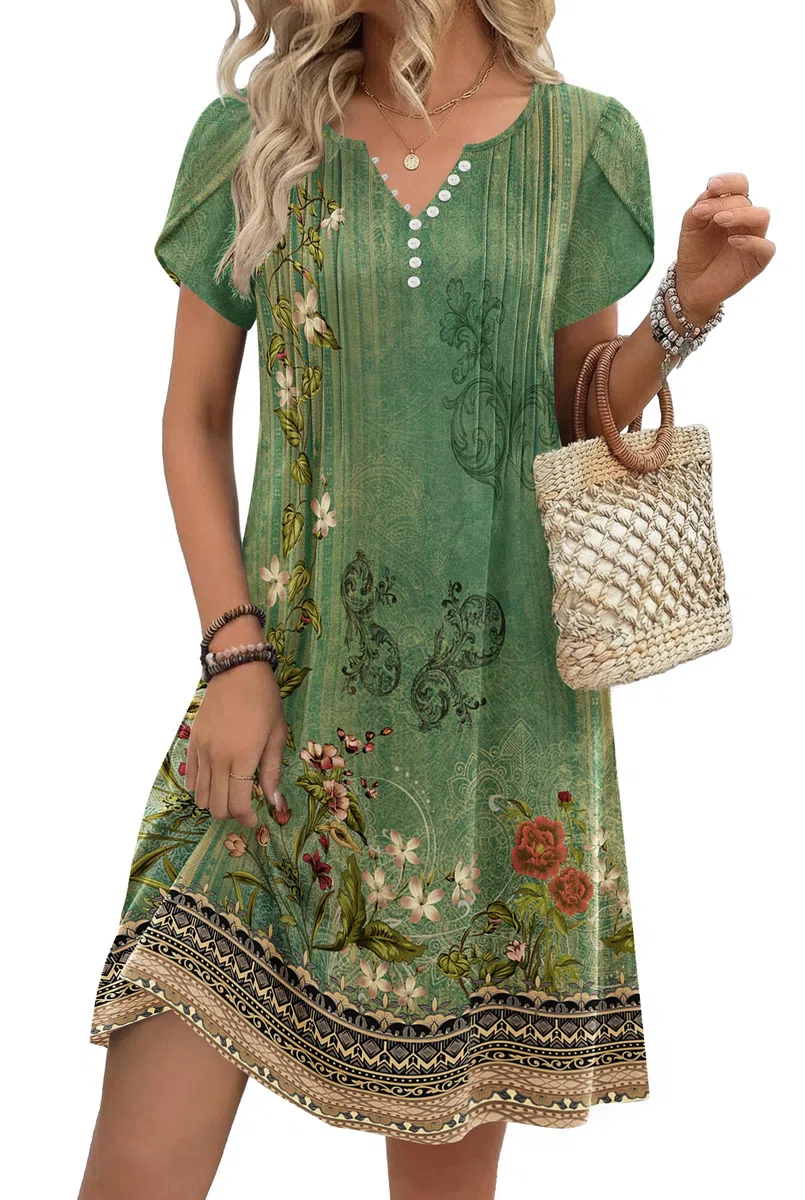 Zeagoo Vestito Estivo Donna Casual Scollo a V Vestiti Maniche Corte Abito Elegante Pieghe al Ginocchio con Bottoni e Tasche S-XXL
