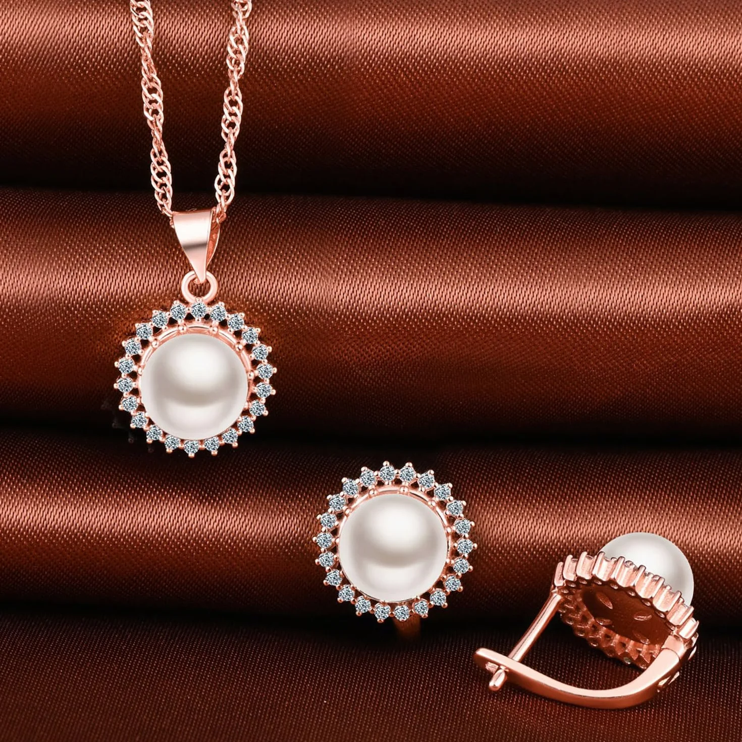 MicLee Collane ciondoli e orecchini di perle per donna: Parure di gioielli in argento 925 - Collana e orecchini stile girasole con zirconi - Gioielli da sposa eleganti - Gioielli per feste