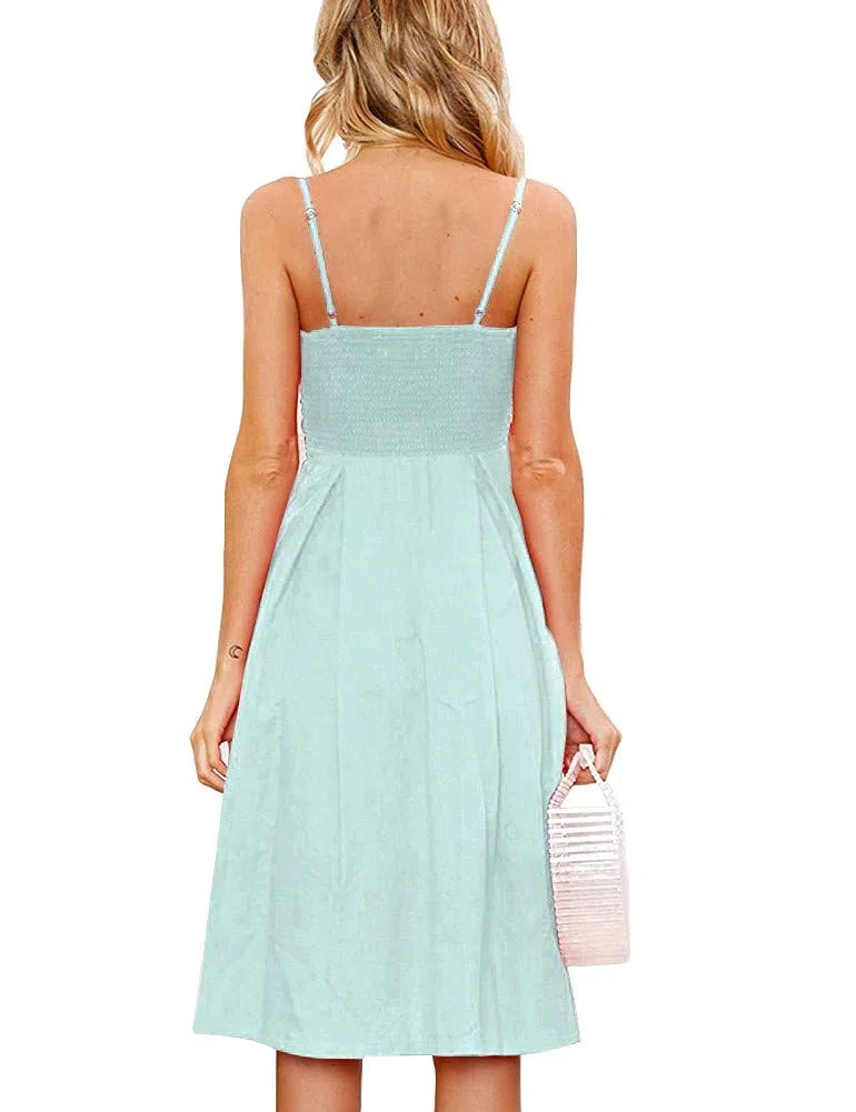 FANCYINN Donne Vestito Spaghetti Strap Scollo a V Botton Down Legare Davanti Abito Midi