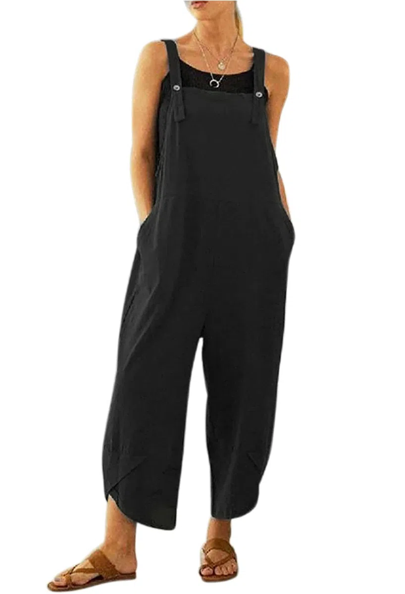 BRONG Salopette da donna casual allentate in morbido cotone e lino tuta da donna con spalline regolabili con tasche
