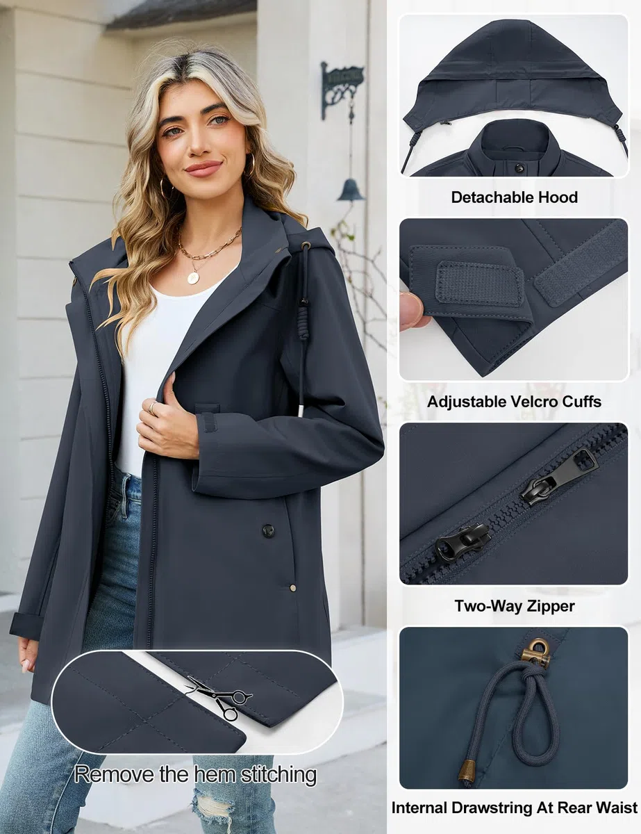 CMTOP Giacca Donna Softshell Impermeabile Antivento, Giacca Mezza Stagione Lungo con Tasche, Primavera Autunno Outdoor Parka Cappotto, Giacche Giubbotto con Cappuccio Removibile
