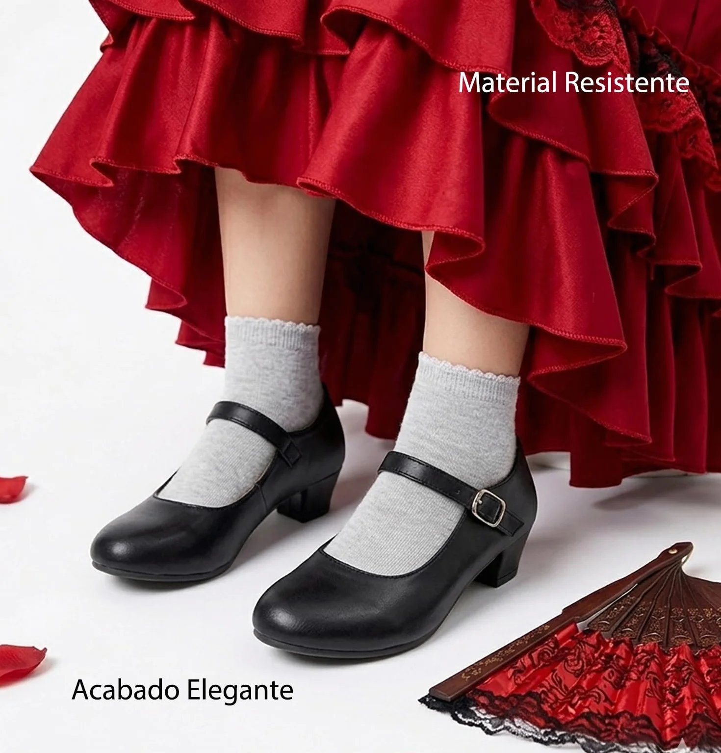 Scarpe Fenicottero Bambina Ballo Danza Sevillanas con Tacco Cinghia Regolabile, Suola Antiscivolo