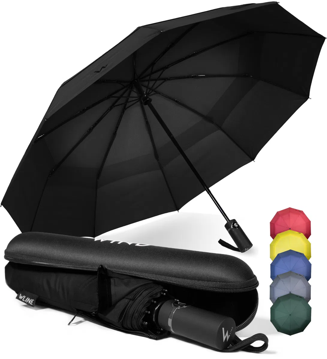 WLine Wind Ombrello Pieghevole Antivento da Pioggia con 10 Aste Rinforzate e Tela Idrorepellente 210T - Ombrello Portatile Resistente Apri e Chiudi Automatico, Diametro 104cm (Nero con Custodia)